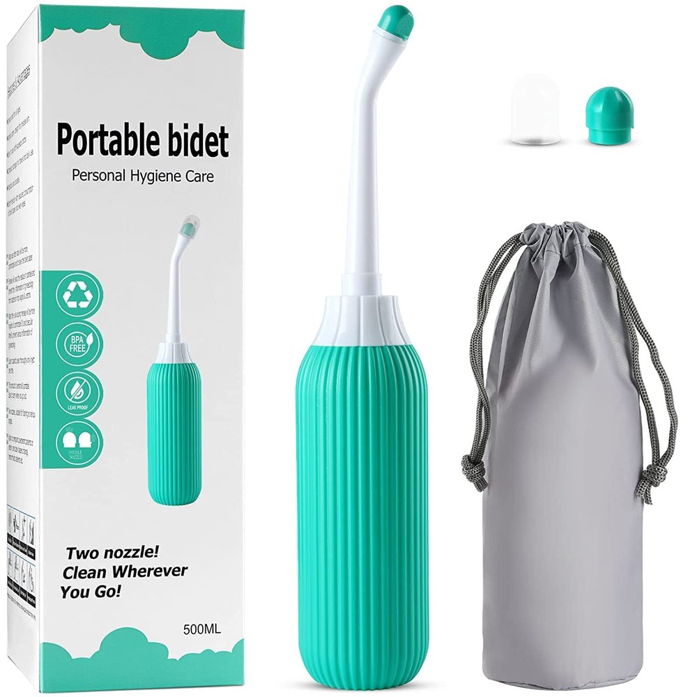 500ml Retractable Handheld Portable Bidet/Jet Spray for Personal Hygiene Care with 2 Nozzles and Travel Pouch (Green)