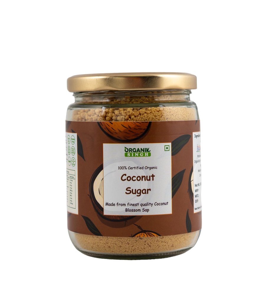 Organik Singh Coconut Sap Sugar - 300 gms | Certified Organic | Low GI coconut palm sugar | Diabetic-friendly | Unprocessed, chemical-free and unrefined | Vegan & Plant based | Glass Jar