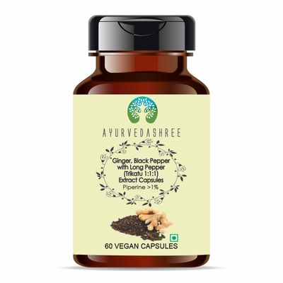 AYURVEDASHREE Trikatu Extract 500mg - 60 Vegetarian Capsules | Ginger with Black Pepper & Long Pepper Extract | | All Natural | 100% Vegan | Gluten-Free | GMP Certified.