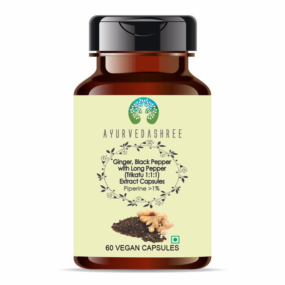AYURVEDASHREE Trikatu Extract 500mg - 60 Vegetarian Capsules | Ginger with Black Pepper & Long Pepper Extract | | All Natural | 100% Vegan | Gluten-Free | GMP Certified.