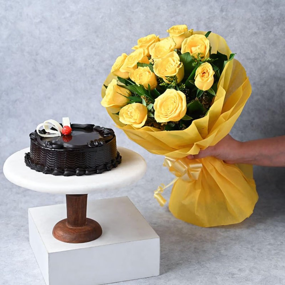 Floweraura Premium Combo of Fresh Live 12 Yellow Roses Flowers Bouquet with Delicious 500g Chocolate Cake for Birthday | Anniversary | Valentine's Day | New Year | Christmas (Same Day Delivery)
