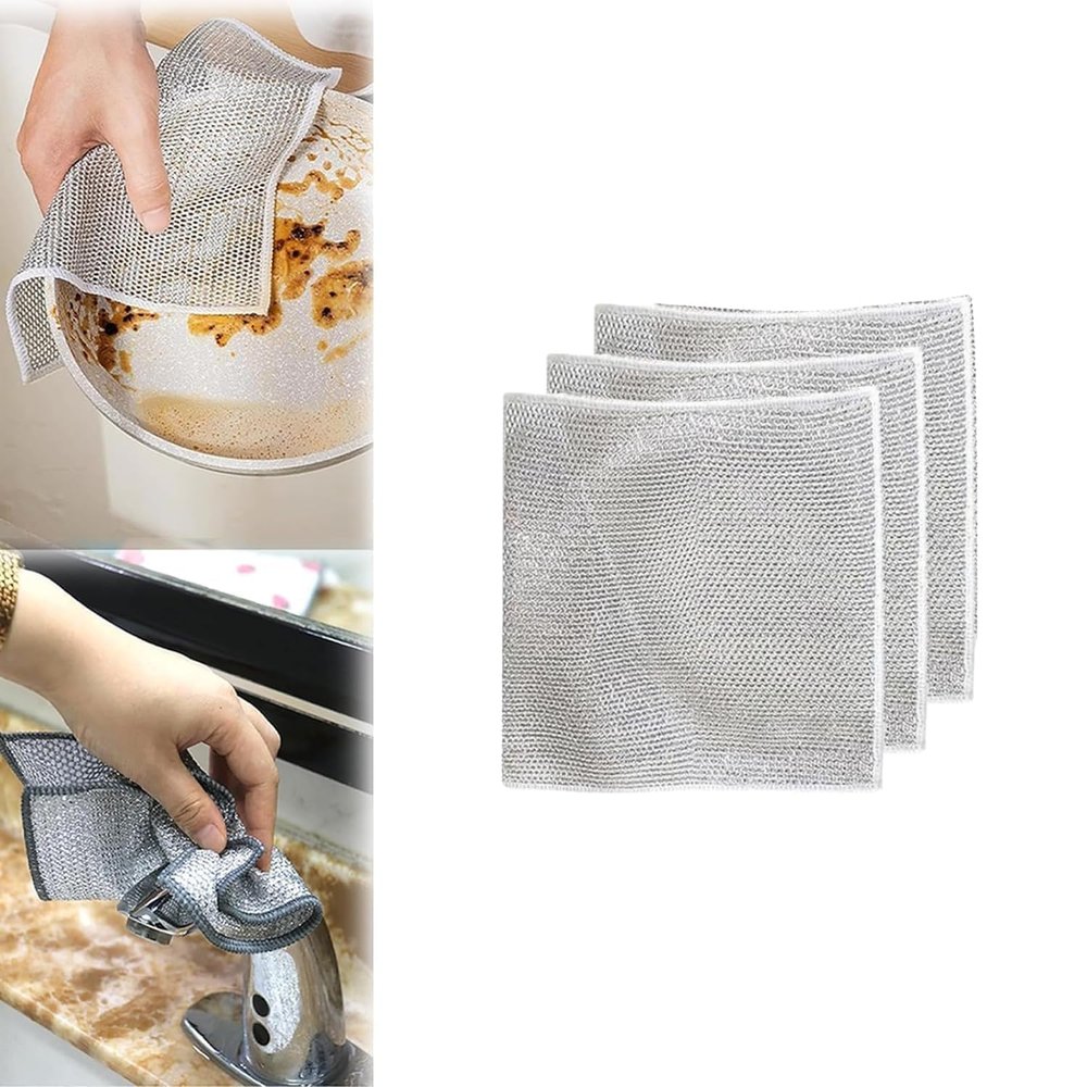 Entisia Scrubbing Pad Wire - Stainless Steel Scrubber Non-Scratch Wire Dishcloth, Multifunctional Dishwashing Sponge, Easy Reusable Cleaning Supplies for Kitchen, Sinks, Pots, Cooktops (Pack of 3)
