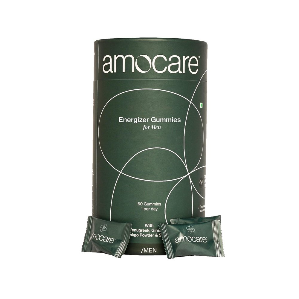 Amocare Energy Gummies for Men | Fenugreek, Ginseng, Ginkgo Powder & Saffron | Improves Energy & Muscle Strength, Promotes Well-Being | Strawberry & Mint Flavour | 60 Gummies - 1 Per Day | 100% Veg