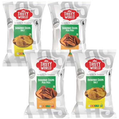 Tasty World Banana Chips 2 Flavours Combo Pack (4X100g) - Salt & Peri Peri
