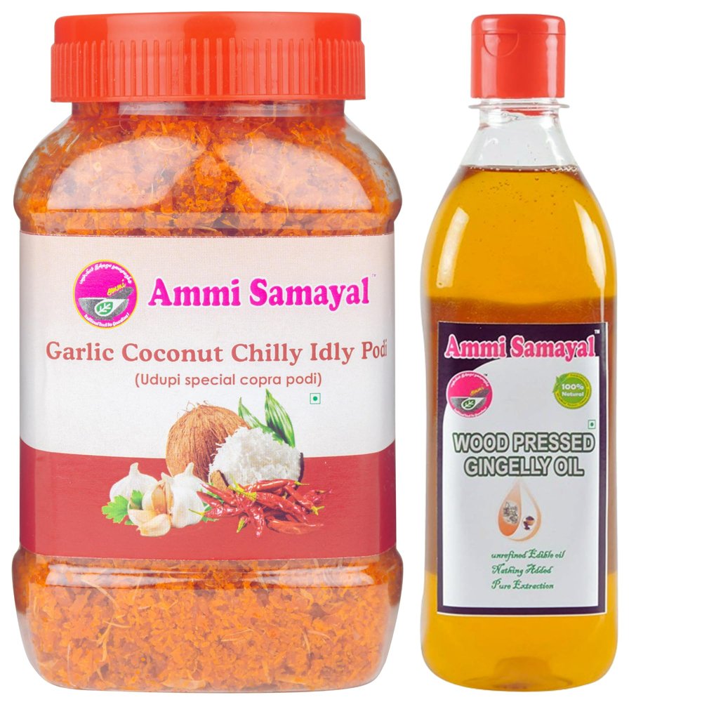 Ammi Samayal Garlic Coconut Chilly Idli Podi (200g) & Wood-Pressed Vitamin-Rich Gingelly (Sesame) Oil (250ml)  Premium Organic South Indian Cooking Combo (Pack of 2)