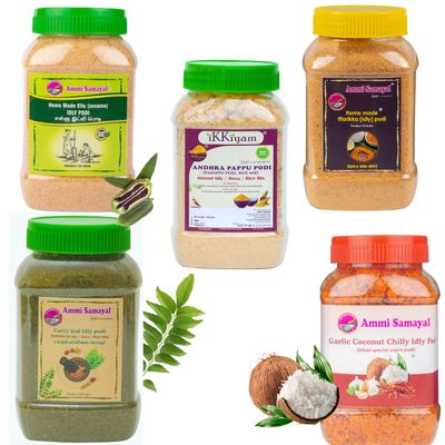 Ammi Samayal Combo of Garlic Coconut Chilly Idly, Sesame Idly powder, Andhra Pappu podi & Curry Leaves Idly powder & Idly podi | Instant Idli/Dosa Powder | Natural Homemade South Indian Flavors | Pack of 5 x 200g