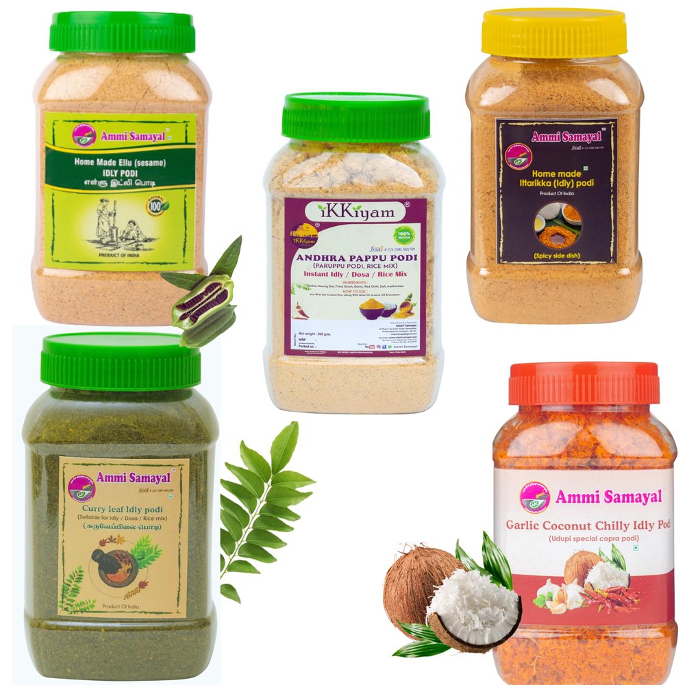 Ammi Samayal Combo of Garlic Coconut Chilly Idly, Sesame Idly powder, Andhra Pappu podi & Curry Leaves Idly powder & Idly podi | Instant Idli/Dosa Powder | Natural Homemade South Indian Flavors | Pack of 5 x 200g