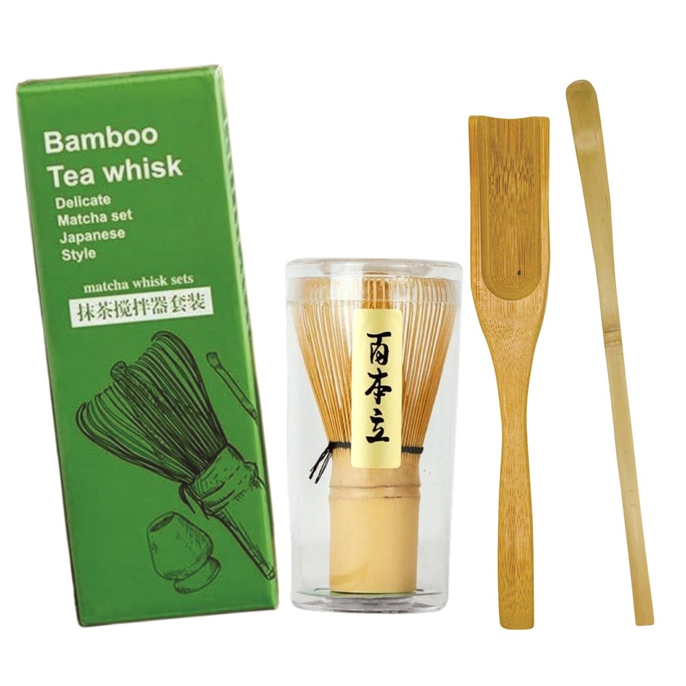 Flavoma (Sets of 3) Japanese Handmade Bamboo Matcha Whisk (Delicate Match Brush Japanese Style) + Traditional Scoop (Chashaku) + Tea Spoon, The Perfect Set to Prepare a Traditional Cup of Matcha.