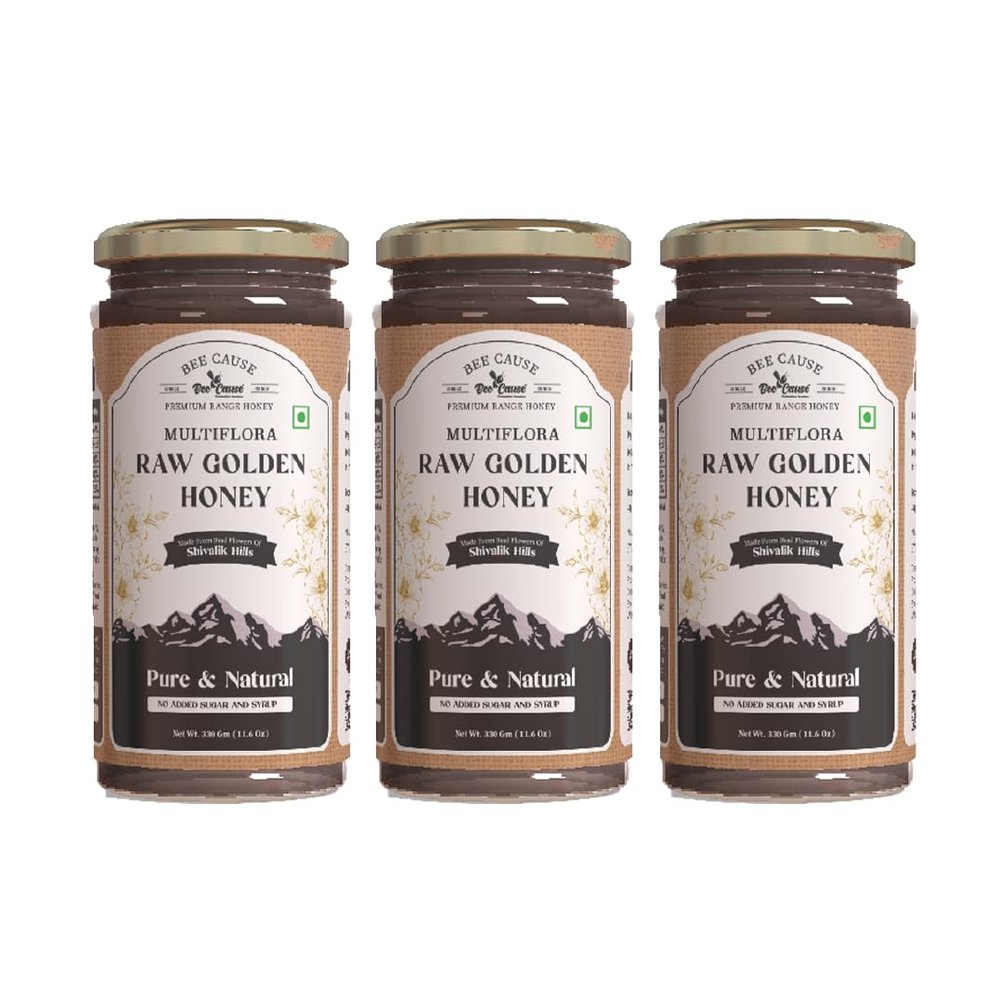 Bee Cause Pure & Natural Multiflora Golden Raw Honey (330g each, Pack of 3)