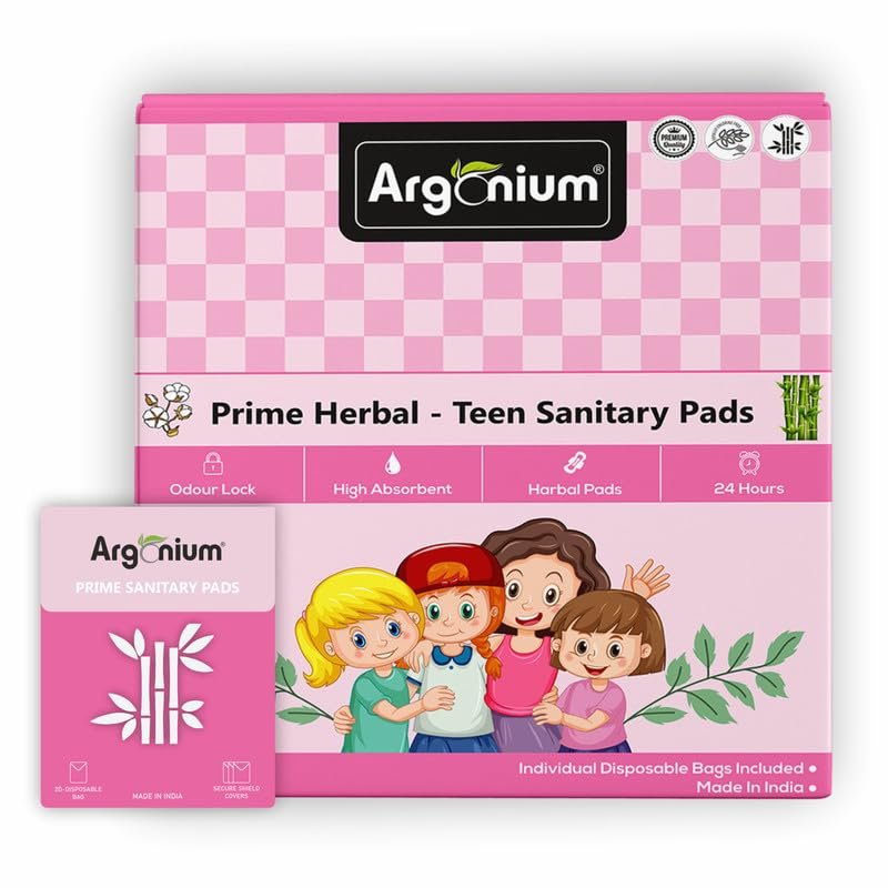 Argonium Prime Herbal Teen Sanitary Pads For Girl (24 Teen Pads 240mm) Cottene Base, Rash-Toxin-Free, High Absorbent, Heavy Flow,Extra Long.Day-Night Napkin With 2Disposal Bags