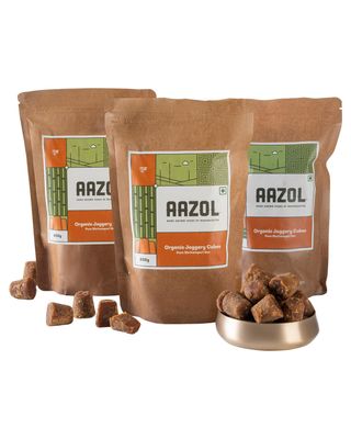 Aazol Organic Jaggery Cubes: Pure Shrirampuri Gur - 1.95kg (650g - Pack of 3) | Natural & Organic | Made with Pure Desi Cow Ghee | Best Texture | Long Shelf Life