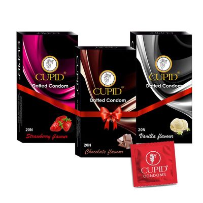 Cupid Dotted & Flavoured Condoms Chocolate, Strawberry & Vanilla Flavour (Pack of 3) | Lubricated & Multitextured Condoms | For Her Enhanced Pleasure | Pack of 3, 20 Pcs Each