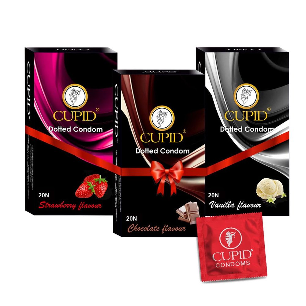 Cupid Dotted & Flavoured Condoms Chocolate, Strawberry & Vanilla Flavour (Pack of 3) | Lubricated & Multitextured Condoms | For Her Enhanced Pleasure | Pack of 3, 20 Pcs Each