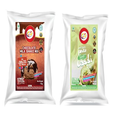 Am 2 Pm - Milk Shake Mix 1 Kg | Flavoured Lassi Mix 500g Powder, Silky Smoothy Instant Premix - Refreshing Drink For Summer (Pack of 2) (Chocolate Milkshake + Keshar Pista Lassi)