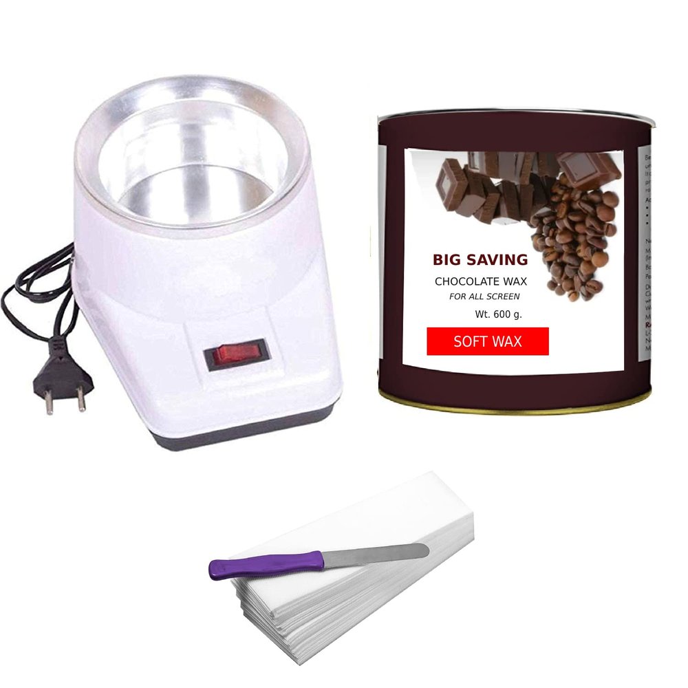 CUVLY Wax Kit Waxing Kit Wax Heater, Chocolate Wax(550 gm) Wax Strips 30 pc, Wax Spatula (Knife), Wax Machine, Wax Heater for Women (Pack of 4) (chocolate wax 550gm)