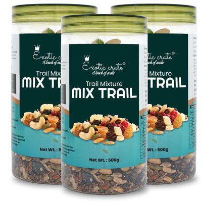 Exotic Crate Dry Fruits & Nuts Mix 500 g (Pack of 3) | Trail Mix with Almonds, Cashews, Pistachio, Walnut, Cranberries, Black & Green Raisins | Premium Healthy Snack for Home & Office