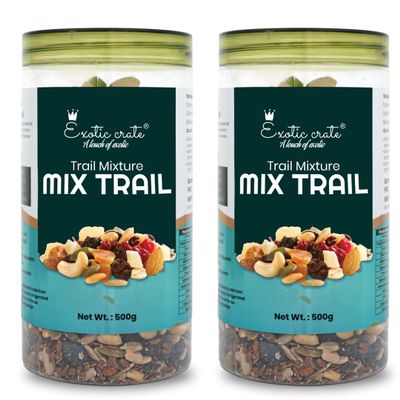 Exotic Crate Natural And Premium Healthy Trail Mix Dry Fruits and Nuts 500gm | Dried Almonds | Black Raisins | Cashewnuts | Cranberries | Green Raisins | Pistachio Kernels & Walnut Kernels (Pack 2)