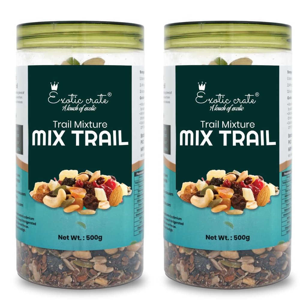 Exotic Crate Natural And Premium Healthy Trail Mix Dry Fruits and Nuts 500gm | Dried Almonds | Black Raisins | Cashewnuts | Cranberries | Green Raisins | Pistachio Kernels & Walnut Kernels (Pack 2)