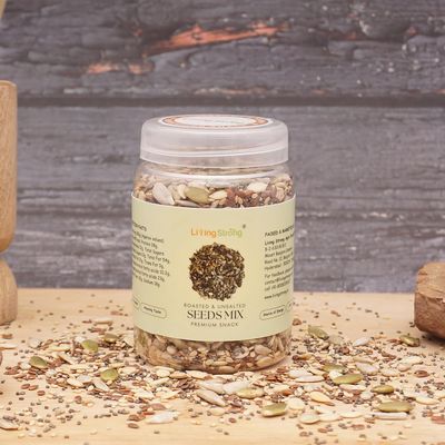 Living Strong Uncut Roasted and Unsalted Pumpkin, Sunflower, Watermelon, Flax Chia, White & Black Sesame Edible Seeds Mix (125g) | Iron, Protein and Fibre Rich | Antioxidant