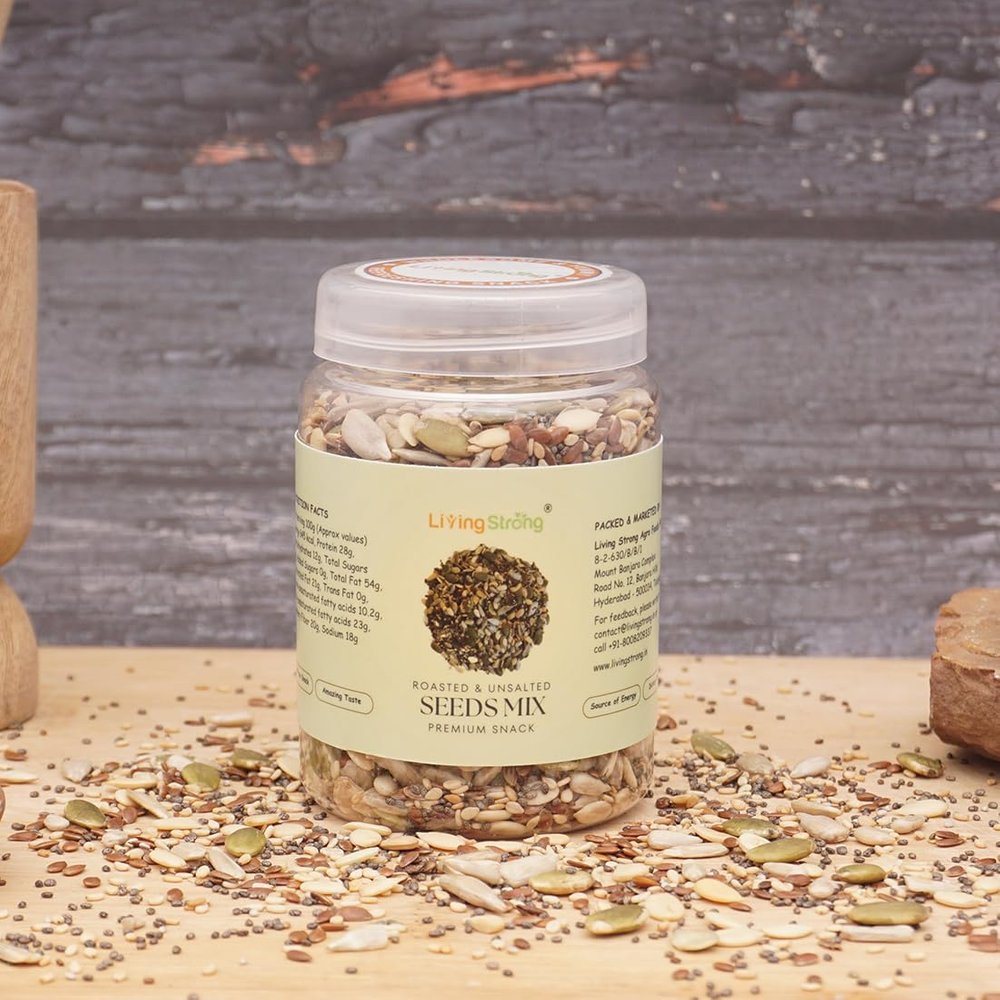 Living Strong Uncut Roasted and Unsalted Pumpkin, Sunflower, Watermelon, Flax Chia, White & Black Sesame Edible Seeds Mix (125g) | Iron, Protein and Fibre Rich | Antioxidant