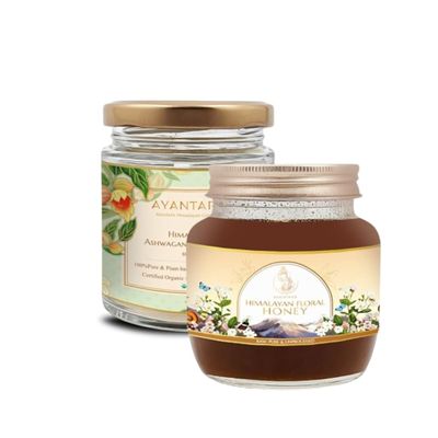 Ayantara Himalayan Ashwagandha Powder(80g) and Floral Honey(250g) | 100% Natural, Organic & Pure | Improves Digestion & Immunity |Rich in Vitamins & Minerals | Zero Preservatives | Lab Tested (330g)