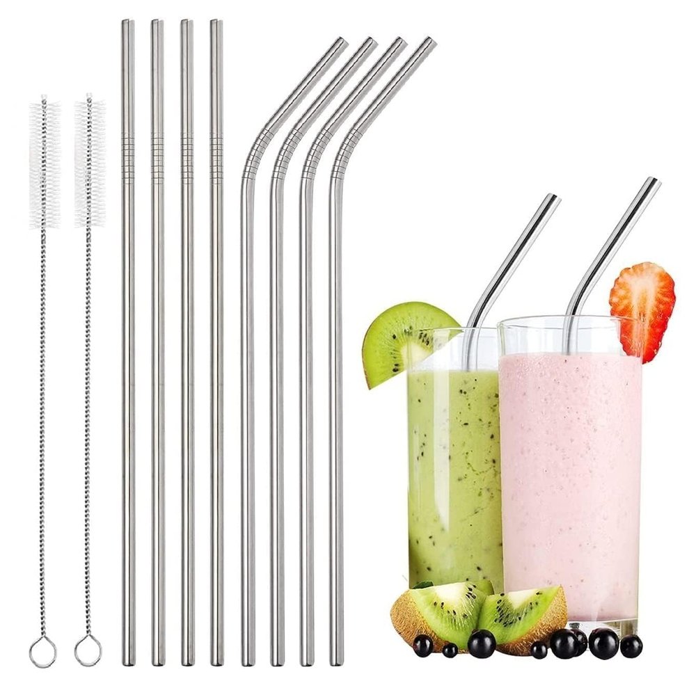 ANKEV Reusable Stainless-Steel Straw with Cleaning Brush Set of 5 (2- Bend Pipe, 2- Long Straw, 1-Cleaning Brush)- Long Metal Straws for Drinking, Reusable, Silver Colour, 8.5 Inches BPA-Free Metal