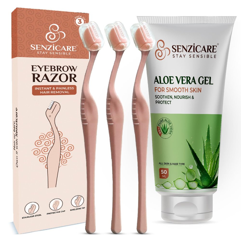 Senzicare Eyebrow Razor | Eyebrows, Upper Lip, Targeted Corner Hair | For Salon-Like Eyebrows No Cuts | Safe & Hygienic (3 units) And Aloe Vera Gel