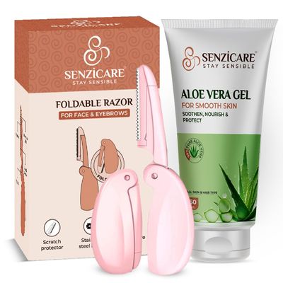 Senzicare Foldable Eyebrow & Facial Razor for Women | Safest & Easiest Hair Removal And Aloe Vera Gel | Foldable & Reusable Pack of 3 | For Upperlips, Forehead, Sideburns Eyebrows etc with Stainless Steel Blade