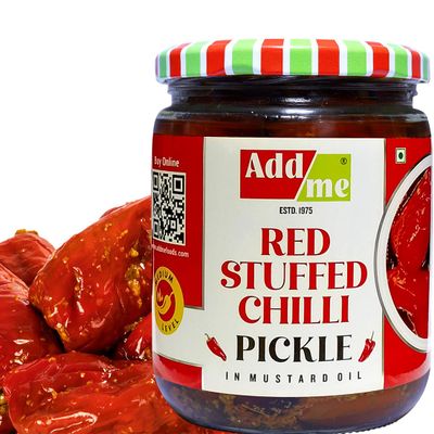 Add me Homemade Red Stuffed Chilli Pickle 500gm | lal mirch ka achar, mirchi achar, red chilli pickles, lal mirch bharwa achar in glass pack. (Red Chilli Pickles, 500gm)