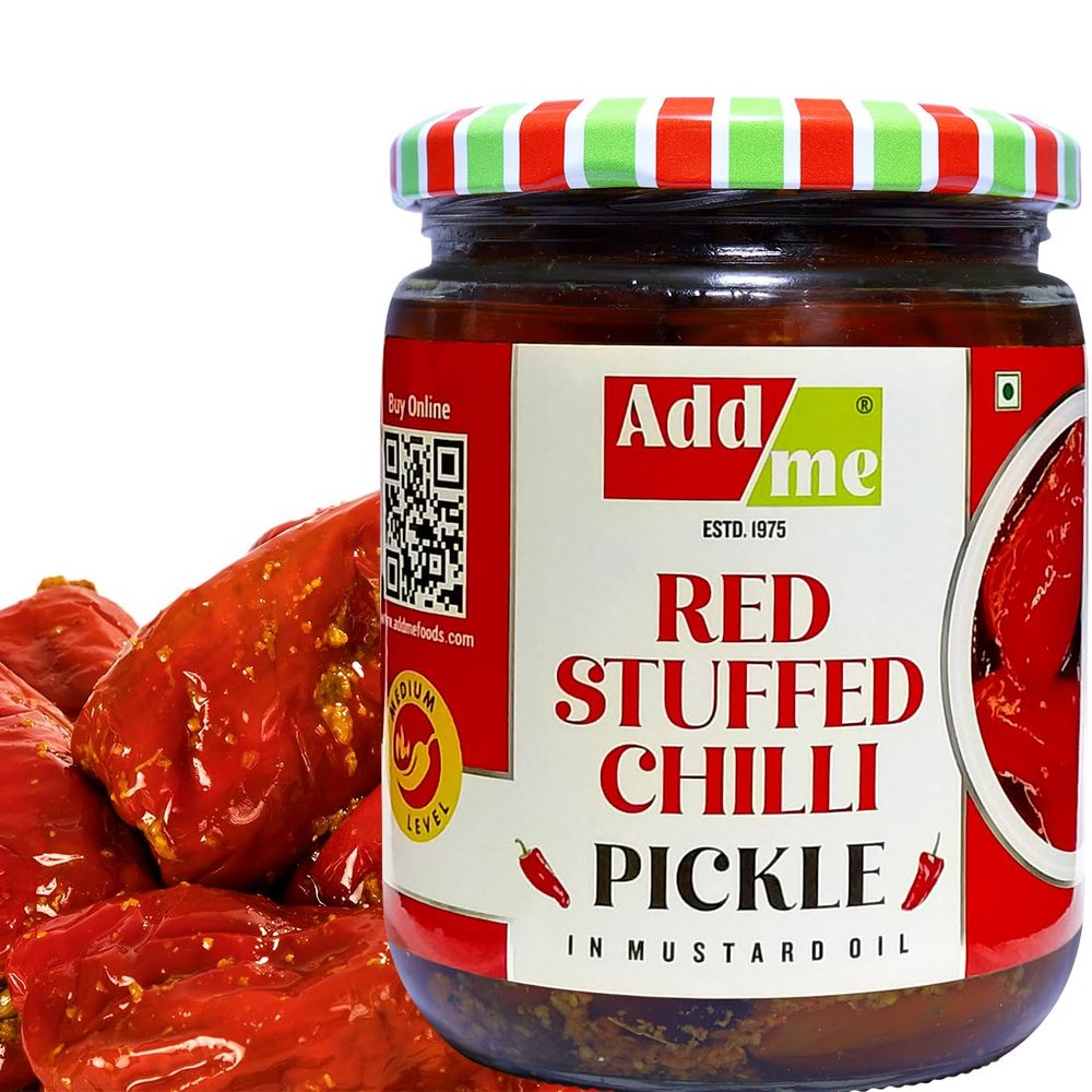 Add me Homemade Red Stuffed Chilli Pickle 500gm | lal mirch ka achar, mirchi achar, red chilli pickles, lal mirch bharwa achar in glass pack. (Red Chilli Pickles, 500gm)