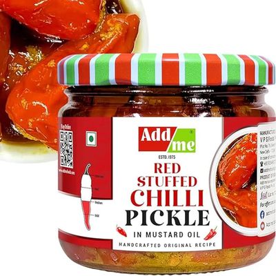 Add me Homemade Red Stuffed Chilli Pickle 300gm | lal mirch ka achar, mirchi achar, red chilli pickles, lal mirch bharwa achhar in glass pack. (Red Chilli Pickles, 300grm)