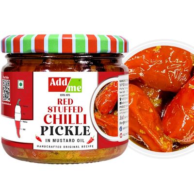 Add me Homemade Red Stuffed Chilli Pickle 300gm | lal mirch ka achar, mirchi achar, red chilli pickles, lal mirch bharwa achar in glass pack. (Red Chilli Pickles, 300gm)