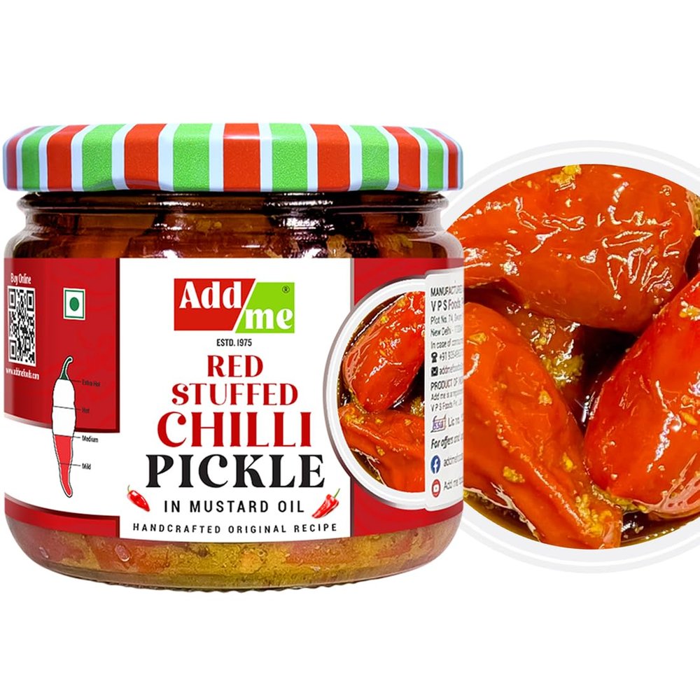 Add me Homemade Red Stuffed Chilli Pickle 300gm | lal mirch ka achar, mirchi achar, red chilli pickles, lal mirch bharwa achar in glass pack. (Red Chilli Pickles, 300gm)