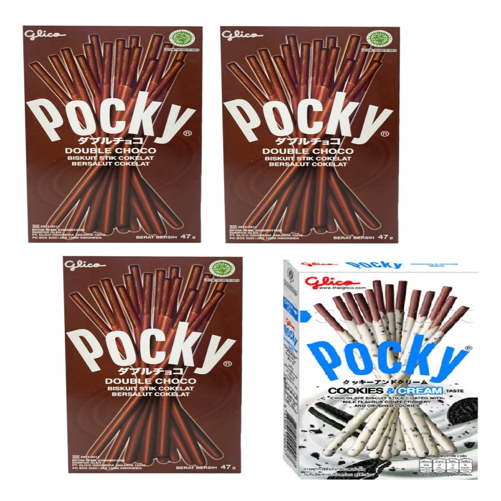 Pocky Double Choco Covered Biscuit Stick (Pack Of 3 * 47g) And Pocky Cookies & Cream (Pack Of 1 * 40g)