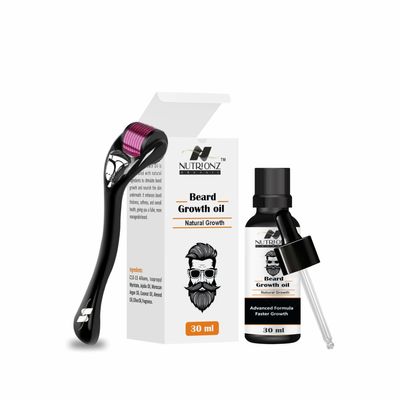 Nutrionz Organic Beard Growth Oil for Beard and Moustache Oil, 30 ml | Beard Oil for men | Non-Sticky, Light | Almond Oil, Aloe vera, Vitamin E | Shiny Nourished Beard Growth with derma roller 0.5 mm