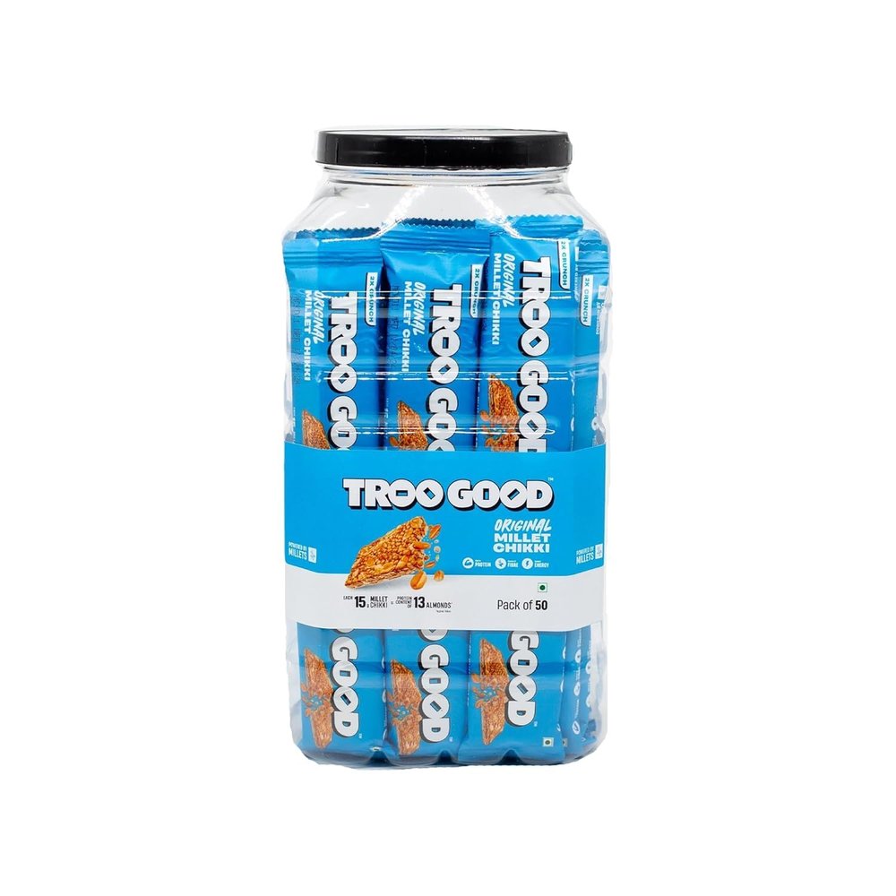TROOGOOD Millet Chikki Jar (50 Pcs, 15g Each 750g) | Rich in Fibre and Protein | No Added Preservatives and Colours | Sweets | Made with Jaggery | High Energy Nutrition Bars | Gajak