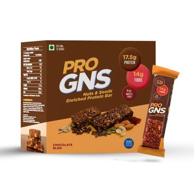 ProGNS Nuts & Seeds Enriched Protein Bar | Low GI Zero Added Sugar Protein Blend | High Fiber Chocolate Protein Bars for healthy snack Break | Pack of 12 Bars (50 gram each)