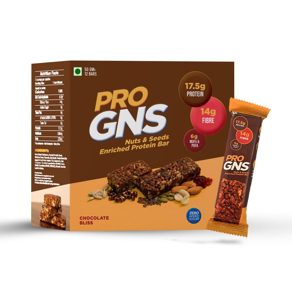 ProGNS Nuts & Seeds Enriched Protein Bar | Low GI Zero Added Sugar Protein Blend | High Fiber Chocolate Protein Bars for healthy snack Break | Pack of 12 Bars (50 gram each)