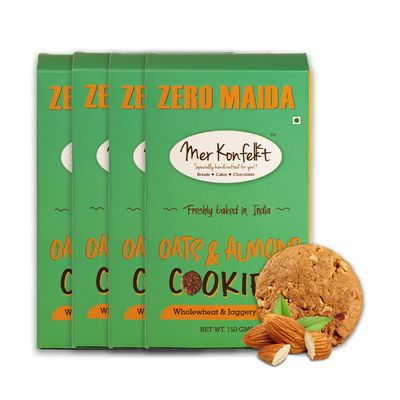 Mer Konfekt - Zero Maida Oats & Almond Cookies | Baked Fresh | Jaggery Based | No Refined Sugar | 100% Whole Wheat | No Preservatives | No Chemicals | Healthy Snack | Party Snacks | Pack of 4 x 150 gms