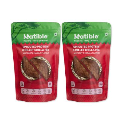 Natible Sprouted Protein & Millet Chilla Dosa Mix (Beetroot & Masala) Instant Breakfast Meal I Gluten Free I High Protein I No Onion No Garlic I Suitable for Kids & Adults I Travel Friendly (Pack of 2, 400g)