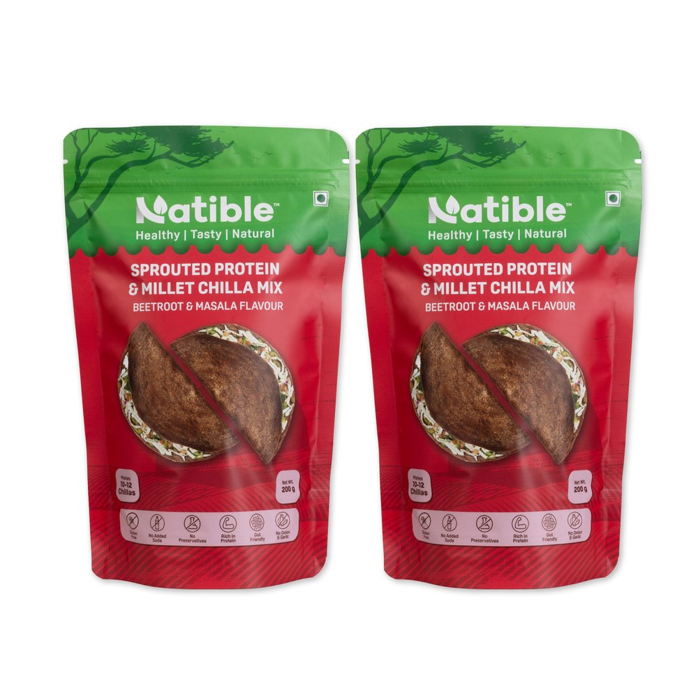 Natible Sprouted Protein & Millet Chilla Dosa Mix (Beetroot & Masala) Instant Breakfast Meal I Gluten Free I High Protein I No Onion No Garlic I Suitable for Kids & Adults I Travel Friendly (Pack of 2, 400g)