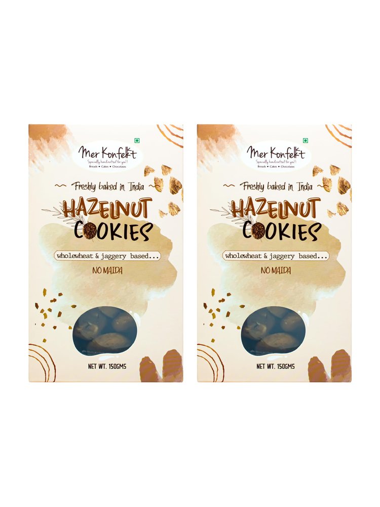 Mer Konfekt Zero Maida Hazelnut Cookies - 100% Wholewheat, Premium Hazelnuts, Jaggery-Based, Vegetarian - 150 grams Each - (Pack of 4)
