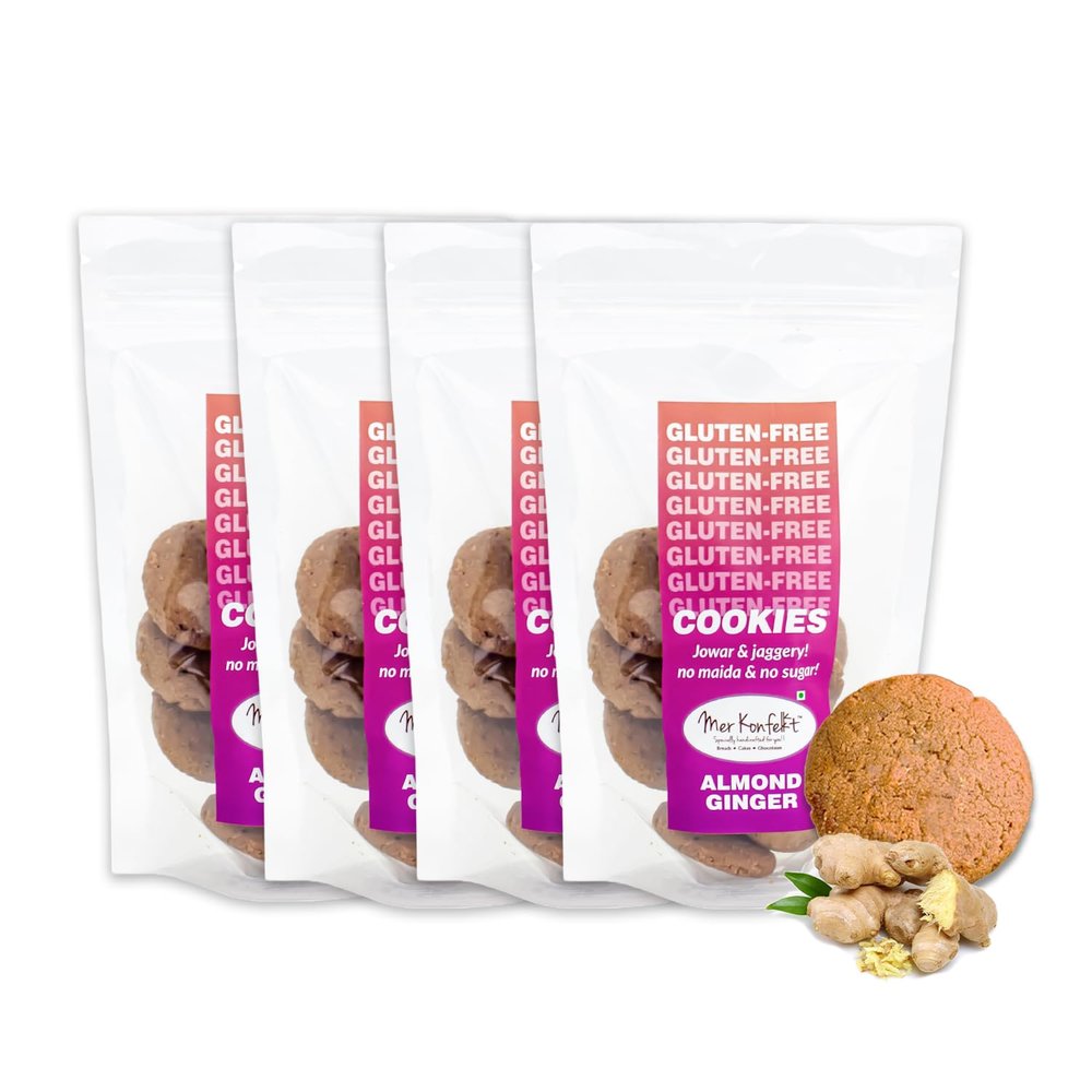 Mer Konfekt - Almond Ginger Millet Cookies | Zero Maida | Gluten-free | Baked Fresh | Jaggery Based | No Refined Sugar | No Preservatives | No Chemicals | Healthy Snack | Party Snack | Pack of 4 X 100 gms