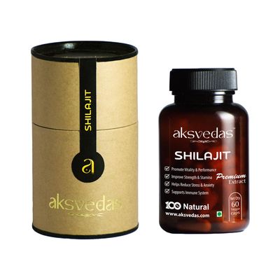Aksvedas Shilajit Capsule For Men And Women | Stamina Booster | Plant Based Natural Supplement | Stress Relief | Performance Booster | (60 Shilajit Tablets)