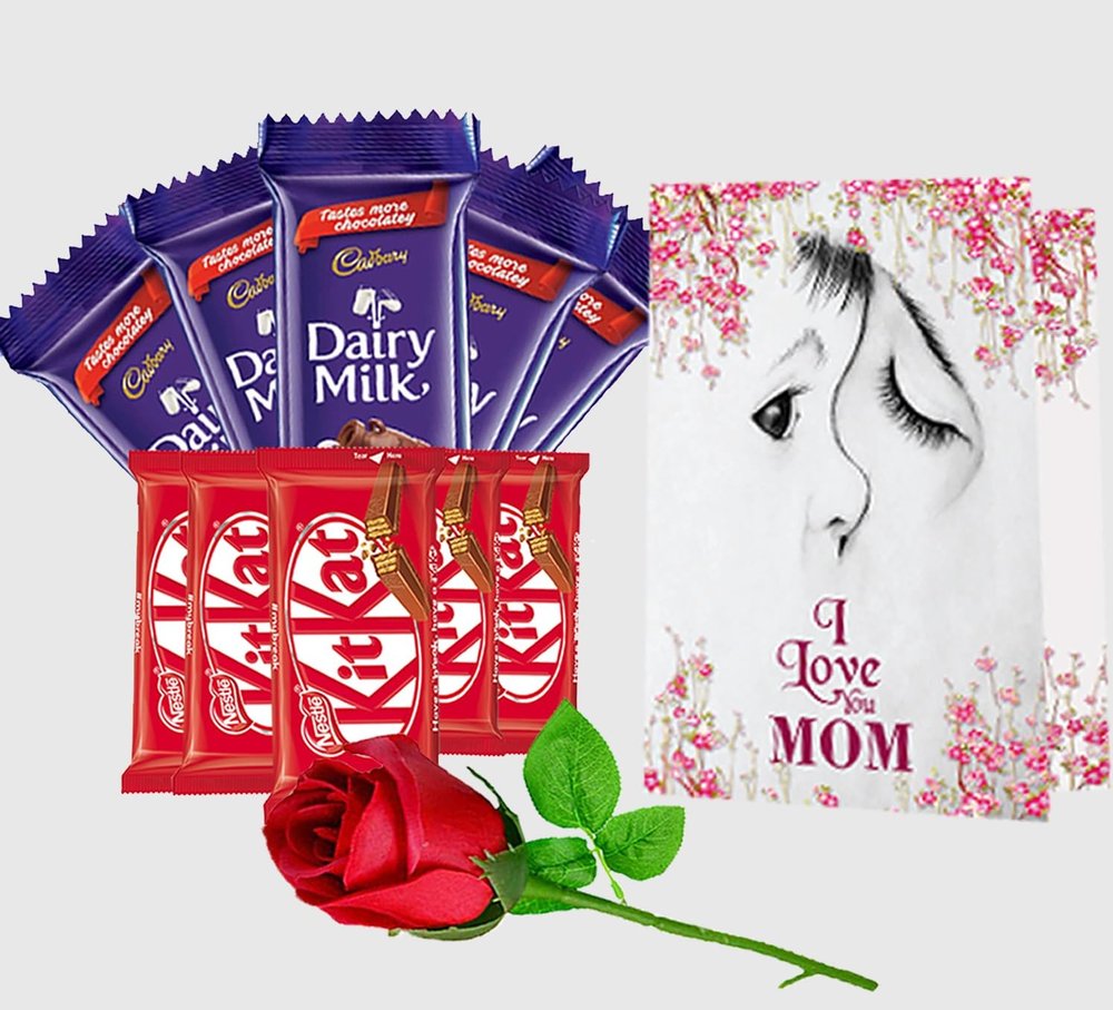 Midiron Chocolate gift combo for mother's day | Anniversary,women's day, grandmother | Mothers Day celebrate Gifts | Greeting Card and Artifical Rose, chocolate bar (Pack of 10 piece)