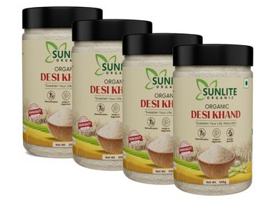 Sunlite Organic - Raw Organic Desi Khandsari Sugar 2kg (500gm x 4) Value Pack I Certified Organic, Unrefined & Unprocessed Sugarcane Desi Khand Sari I Nutrient Rich Lab Tested Raw Pure Desi Sugar