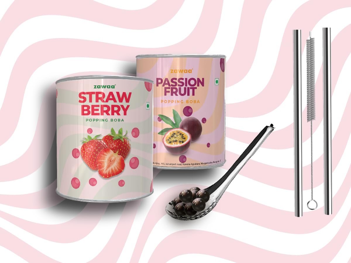 Zawaa Boba Tea Assorted Popping Boba Pearls  Passion Fruit & Strawberry | 300g Each (Pack of 2) | Bursting Bubble Tea Pearls