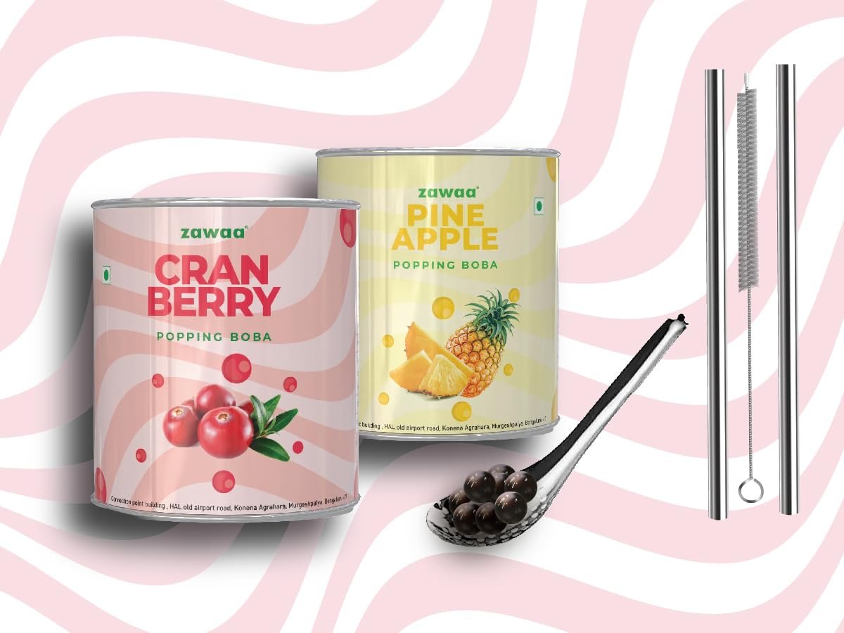 Zawaa Boba Tea Assorted Popping Boba Pearls  Pineapple & Cranberry | 300g Each (Pack of 2) | Bursting Bubble Tea Pearls