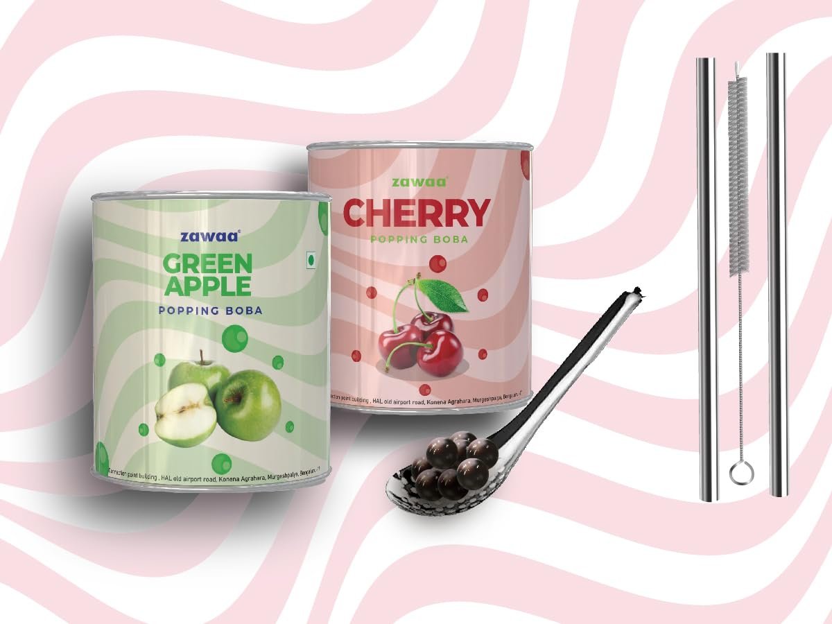 ZAWAA 2 Popping Boba (Each 300gm) Total 600gm (Fruit Flavours), 2 Stainless Steel Straws (12mm), 1 Cleaning Brush, 1 Boba Scoop (Green Apple + Cherry)
