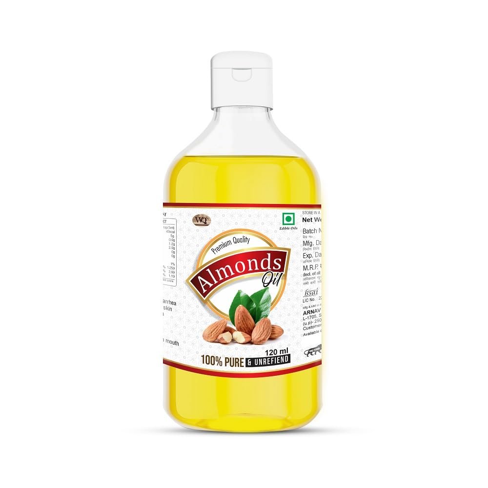 WQT Badam Almond Oil 120 ML - Wood Cold Pressed, 100% Pure Edible Almond (Gurbandi) Oil/Badam Ka Tel for Hair, Face, Skin Care, and Massage - Pet Bottle